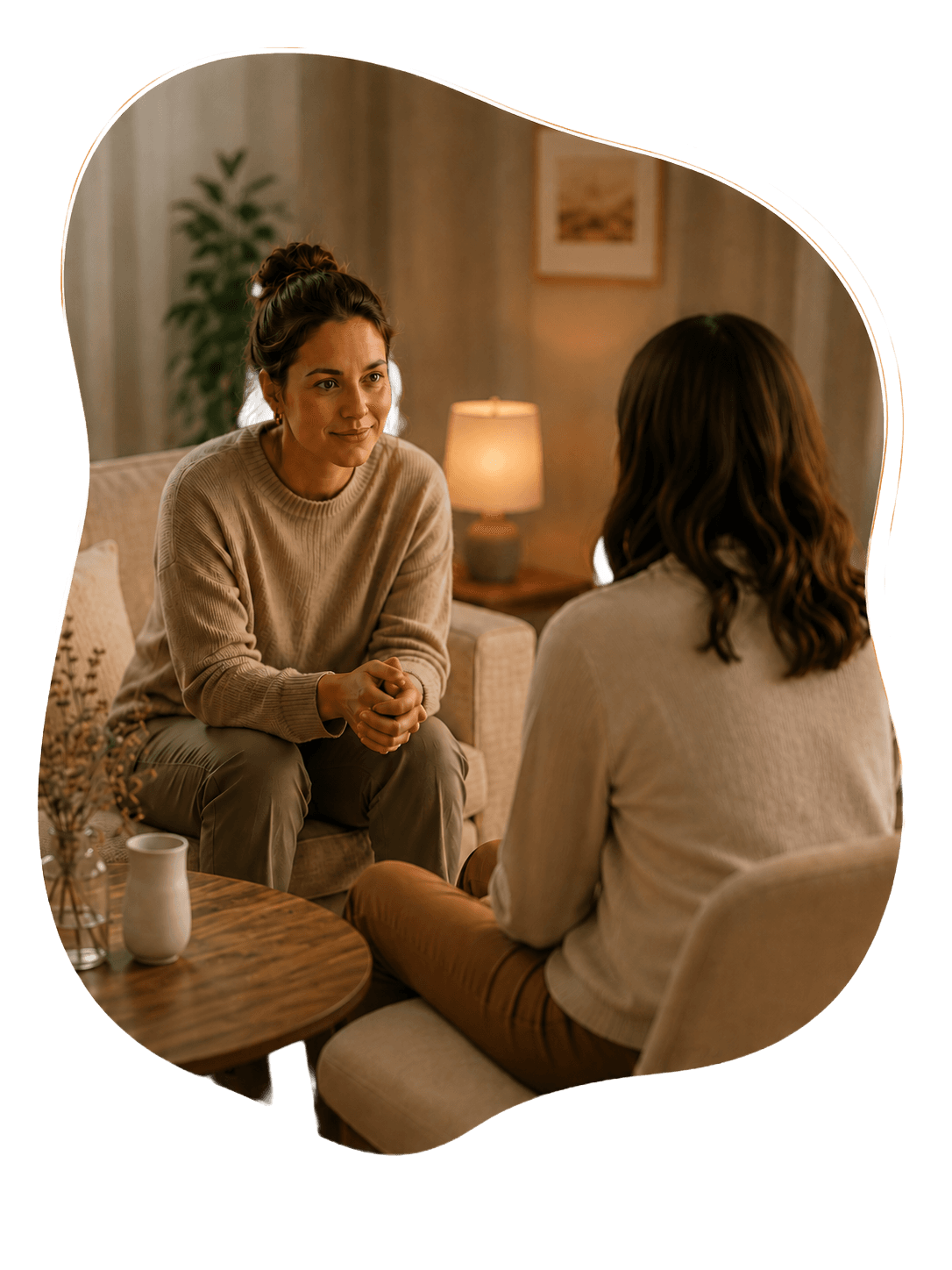 Zorgprofessional in gesprek met een cliënt in een warme huiselijke omgeving