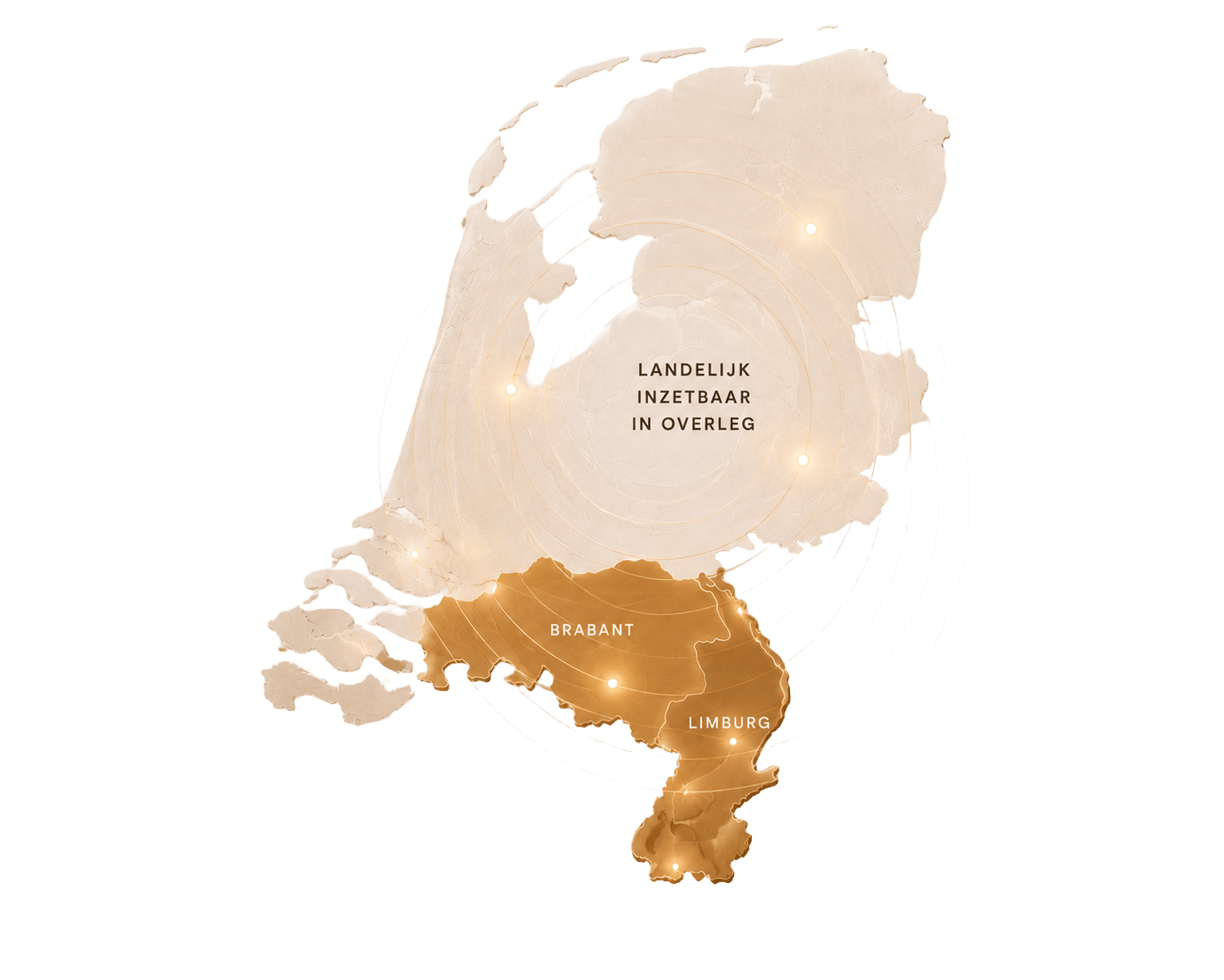 Kaart van Nederland met markeringen van het werkgebied van RKH Zorg